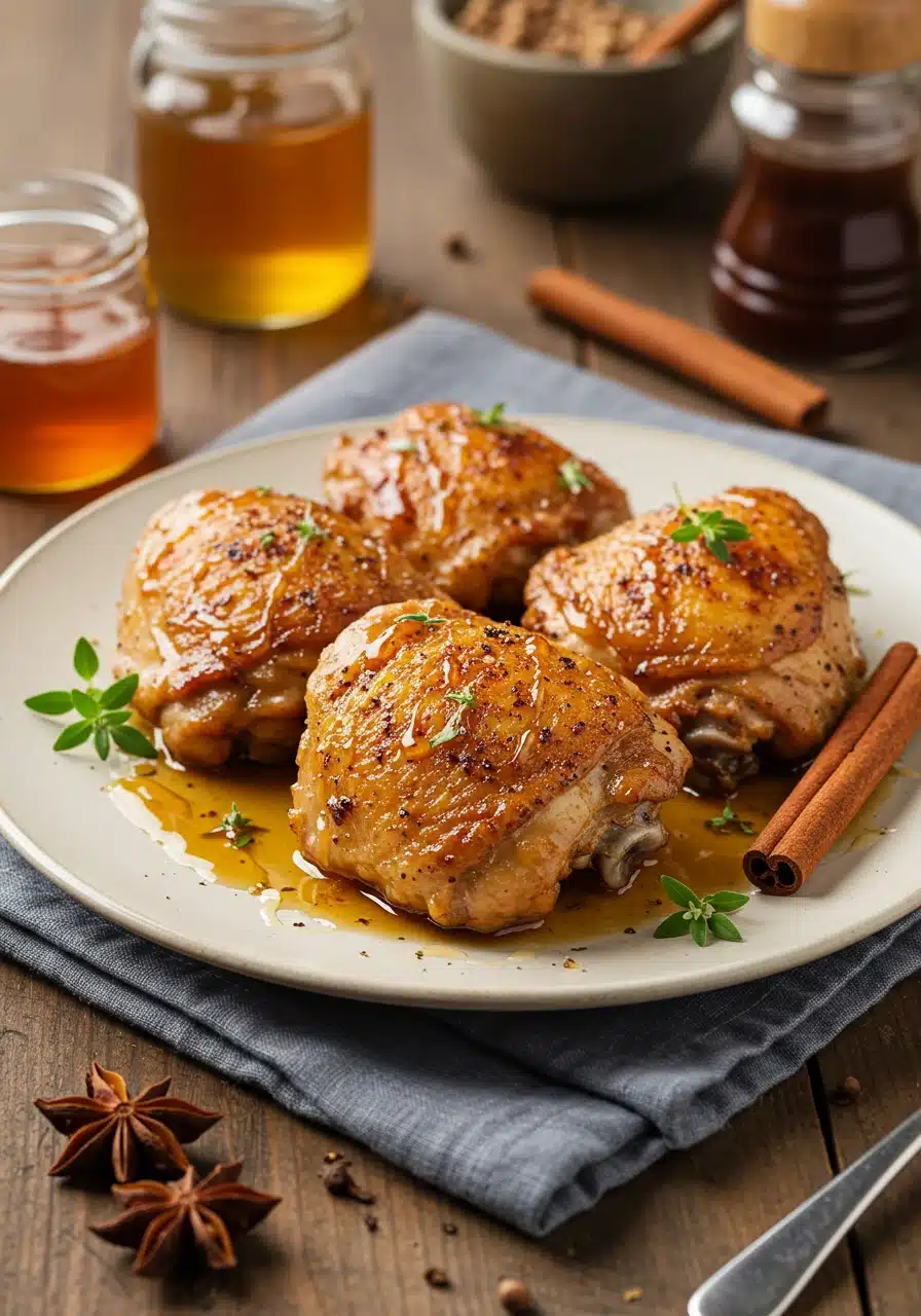 Cinnamon Queen Chicken: 7 Secrets to a Perfectly Spiced Dish 2 Crispy golden cinnamon-spiced chicken thighs drizzled with honey glaze and garnished with fresh herbs on a rustic wooden plate