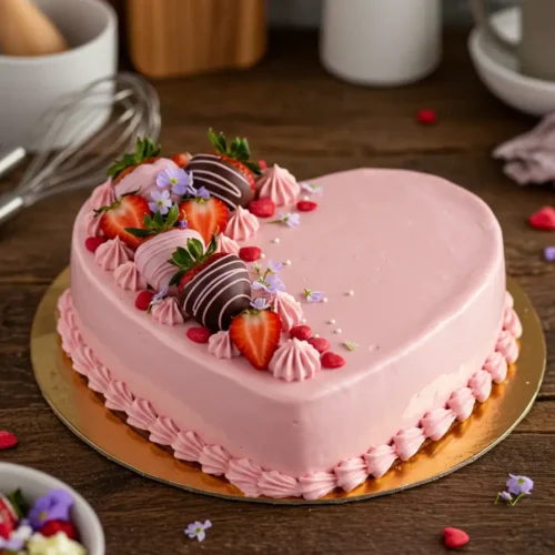 Heart Shaped Cake: 7 Secrets To Achieve Flawless Results Consistently 2 Heart-shaped cake with smooth pink frosting, decorated with chocolate-dipped strawberries and edible flowers on a rustic wooden table, styled for Valentine’s Day.