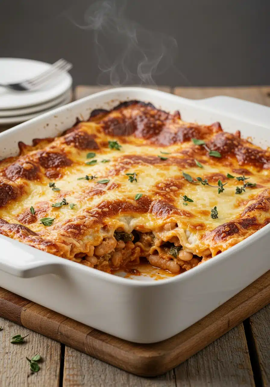 Southern-style Butter Bean Lasagna with golden melted cheese and basil garnish in a rustic baking dish.