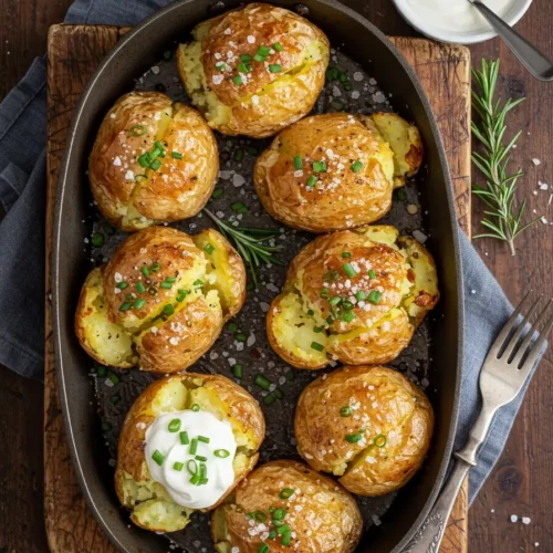 Poached Oven Baked Potatoes Recipe - Easy Method For Fluffy Results 2 Golden poached oven baked potatoes with crispy skins, fluffy interiors, topped with sour cream and chopped chives on a rustic wooden table