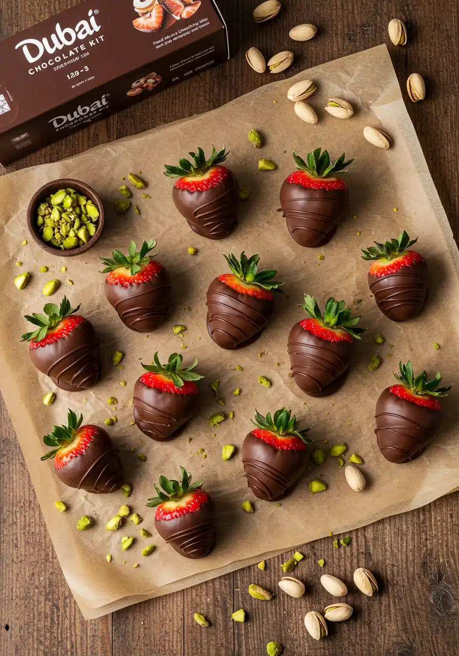Dubai Chocolate Strawberries: Easy Step-by-Step Recipe Everyone Will Love 2 Dubai chocolate strawberries on parchment with kit