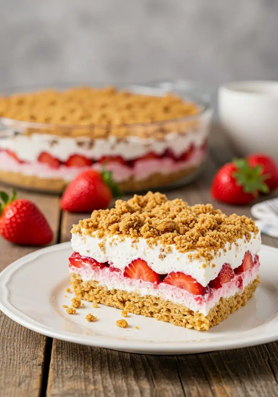 Strawberry Crunch Salad: How To Make This Popular No-Bake Dessert 2 Strawberry crunch salad slice on plate