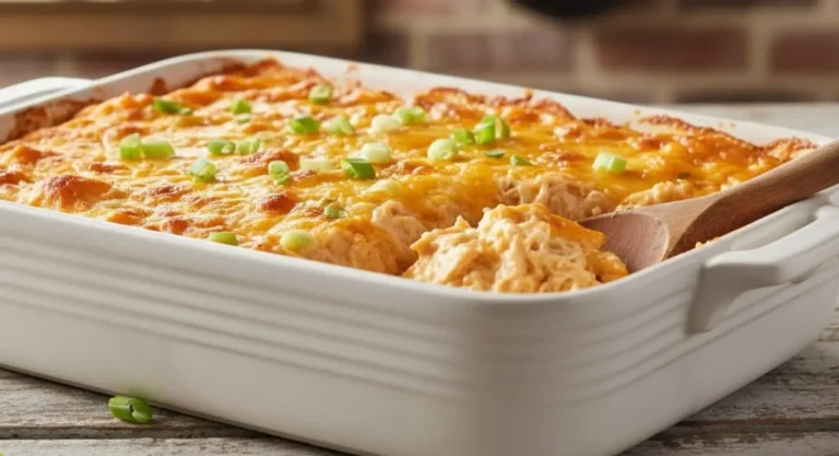 High protein buffalo chicken dip in baking dish with melted cheese