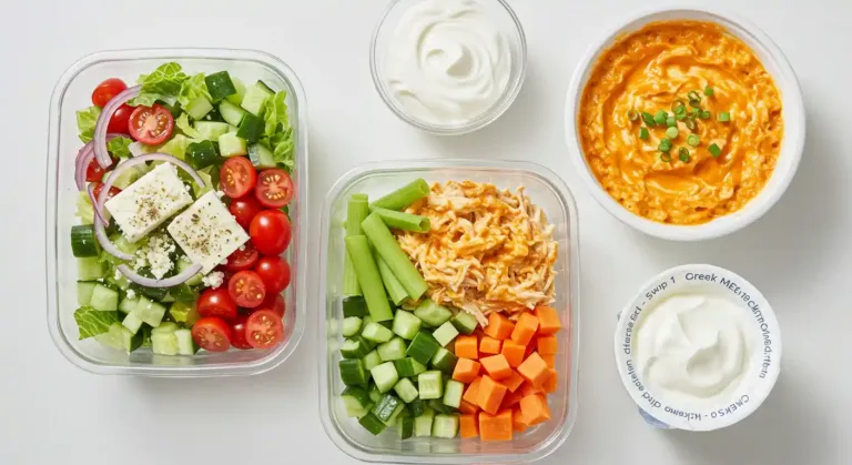 Weight Loss Recipes and Tricks You Can Actually Stick To hero with Greek salad, buffalo chicken dip, and labeled meal-prep containers