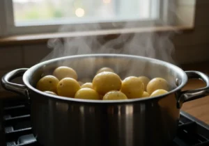 Boiling baby potatoes until fork-tender for Greek potato salad