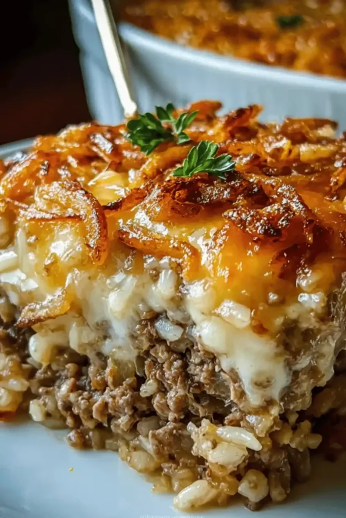 French Onion Ground Beef and Rice Casserole