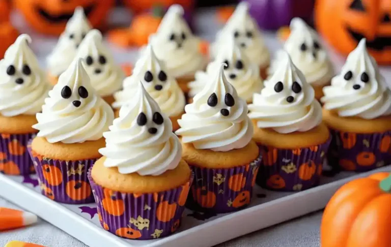 Halloween cupcakes decorated with vanilla frosting ghosts and chocolate chip eyes on colorful liners.