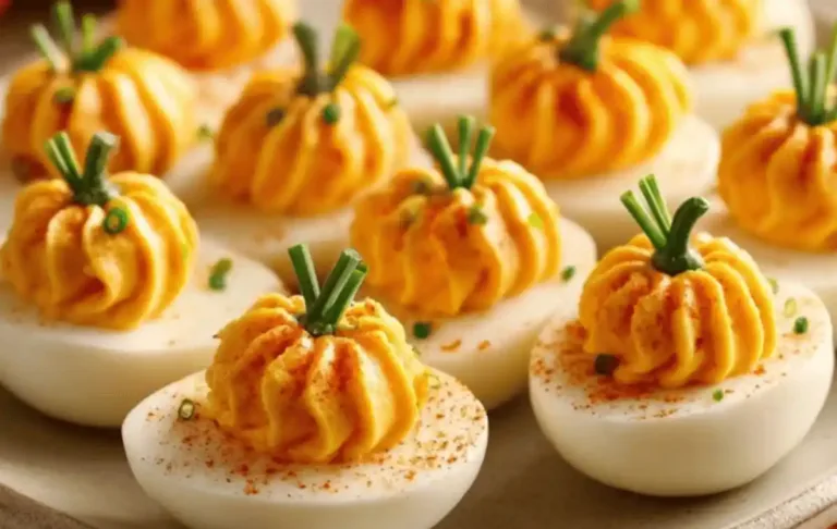 Close-up of pumpkin-shaped deviled eggs decorated with chive stems and paprika