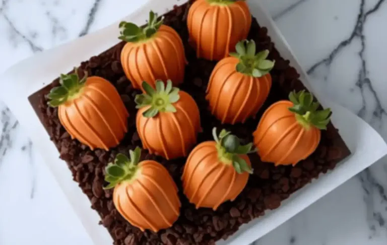 Orange chocolate dipped strawberries with green tops decorated as pumpkins, sitting on crushed chocolate cookies resembling garden soil