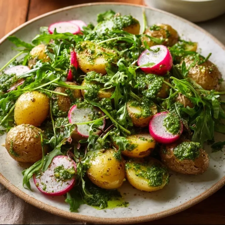 Delicious Arugula Pesto Potato Salad served in a bowl with fresh herbs.