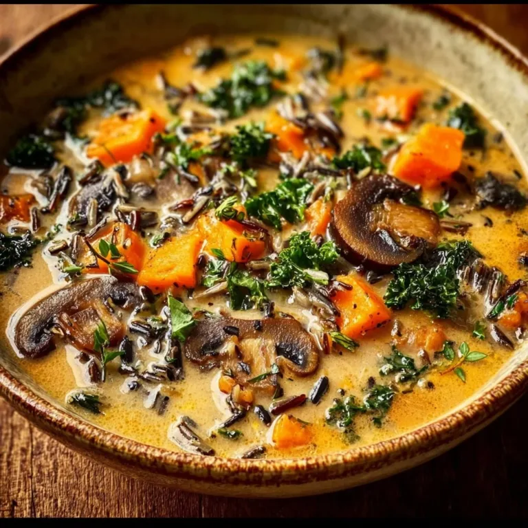 Bowl of autumn wild rice soup garnished with herbs and vegetables