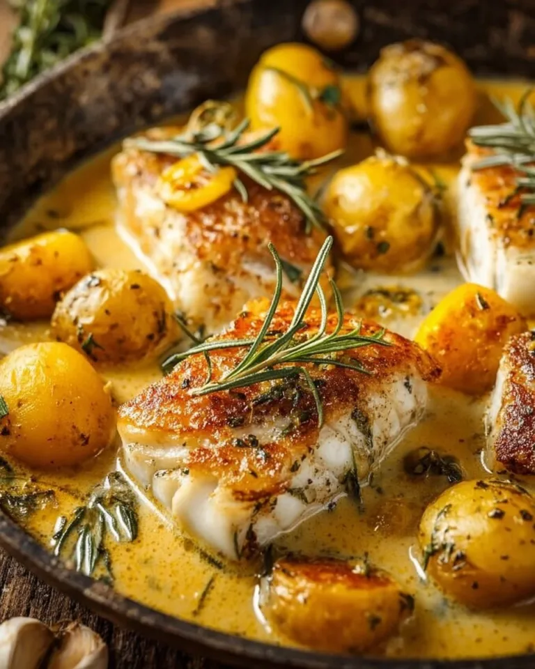 Baked cod fillet with rosemary cream sauce on a plate