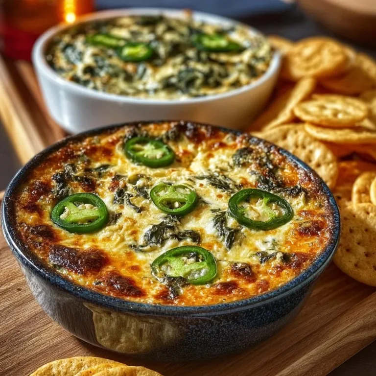 Baked jalapeño spinach dip in a serving dish with chips and veggies