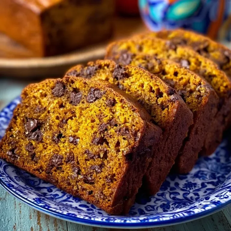 Slice of banana chocolate chip pumpkin bread on a rustic plate