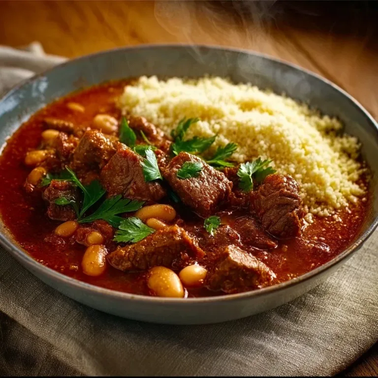 Delicious beef and white bean stew with cumin in a bowl