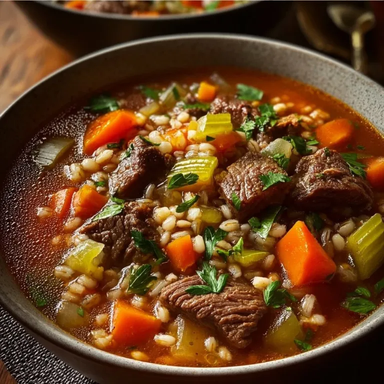 Bowl of delicious Beef Barley Soup with vegetables and herbs.
