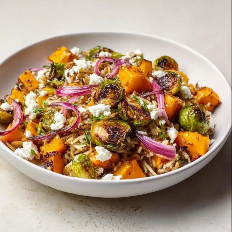 Plate of best fall harvest orzo with seasonal vegetables and herbs