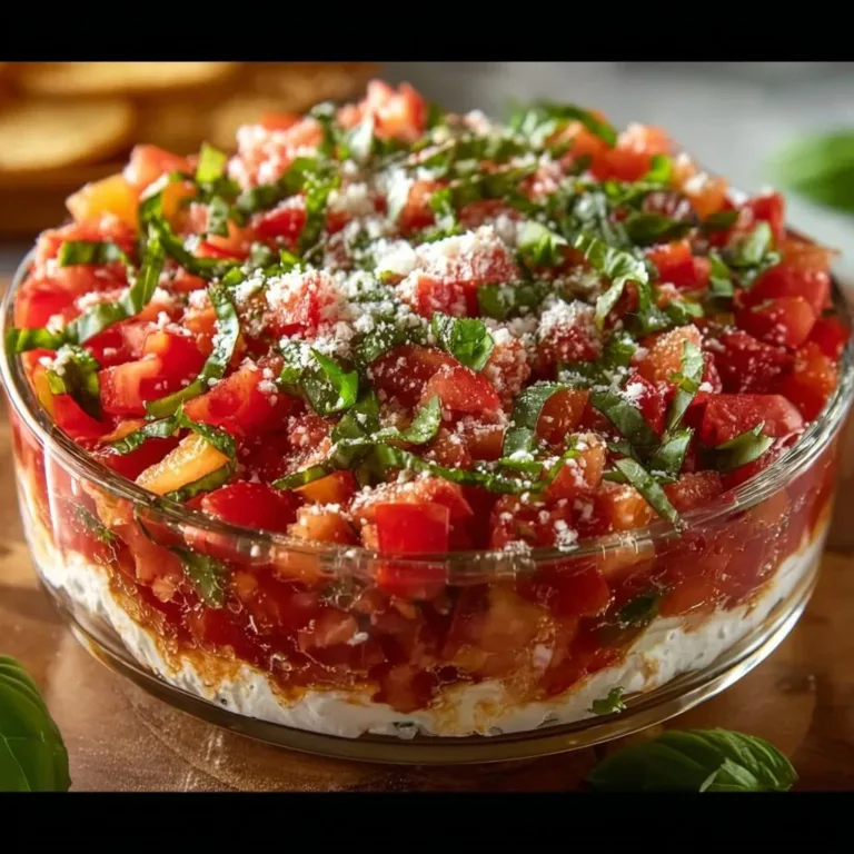 Colorful bruschetta dip served as an appetizer in a bowl with fresh ingredients.