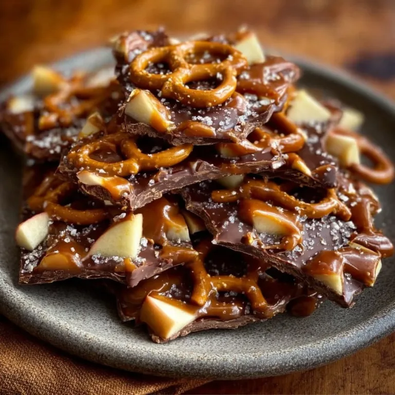 Delicious Caramel Apple Pretzel Bark with caramel drizzle and apple pieces