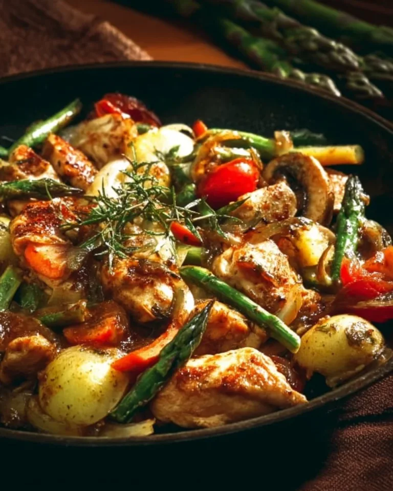Colorful Chicken and Vegetables Skillet dish cooked in a pan