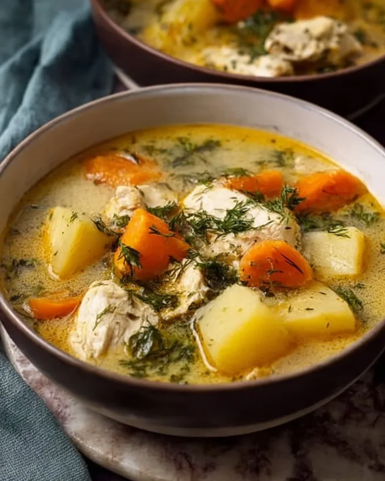 Bowl of homemade Chicken Potato Soup garnished with herbs