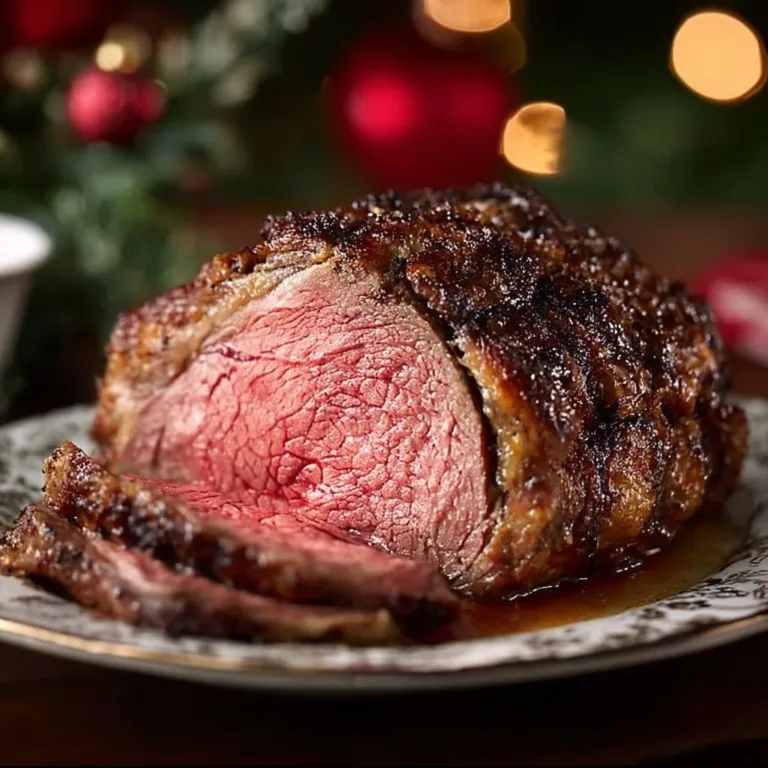Juicy Christmas Prime Rib roast garnished with herbs for festive celebrations.