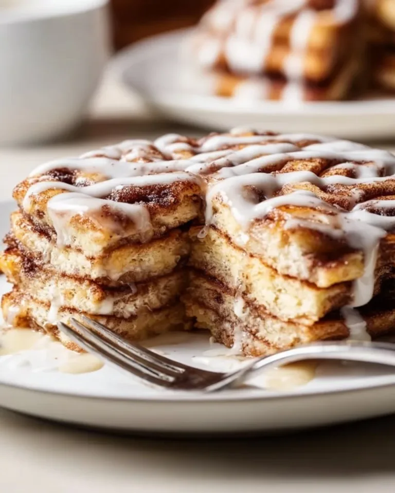 Delicious cinnamon roll pancake bake served with a drizzle of icing.