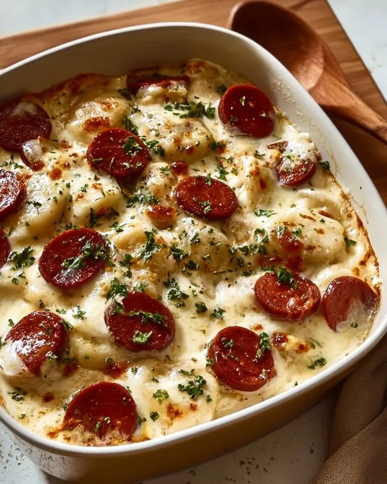 Classic Crockpot Pierogi Casserole with Kielbasa in a slow cooker