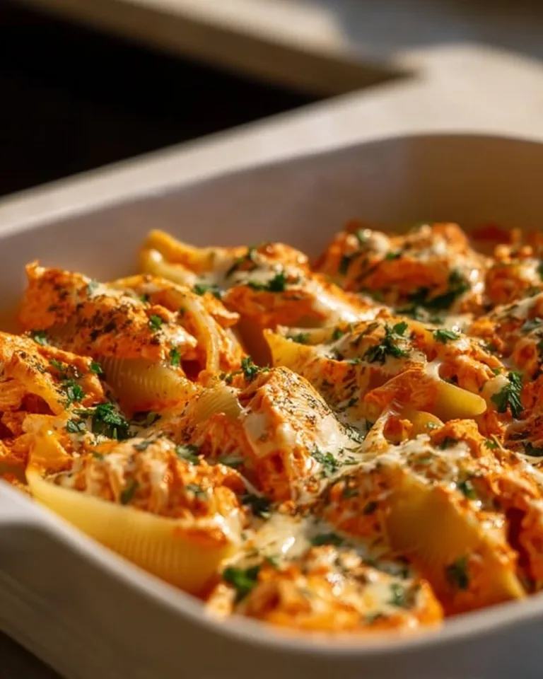 Creamy Buffalo chicken stuffed shells topped with cheese and herbs.