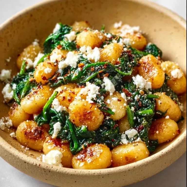 Creamy gnocchi with spinach and feta served in a bowl.