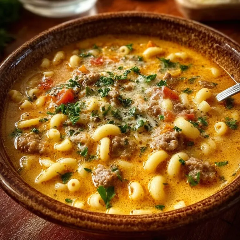 Bowl of creamy Sausage Ditalini Soup with vegetables and sausage garnished with herbs.