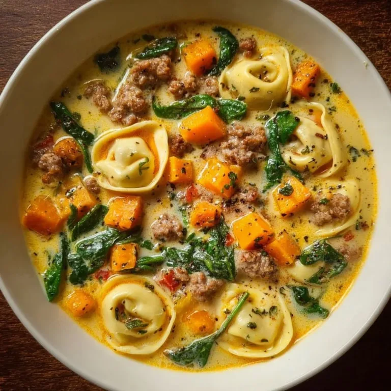 Bowl of creamy Sausage Tortellini Soup with herbs and cheese garnish