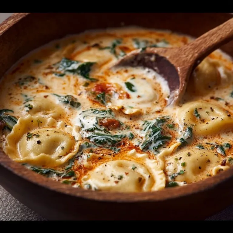 Bowl of creamy Tuscan Ravioli Soup topped with herbs and cheese