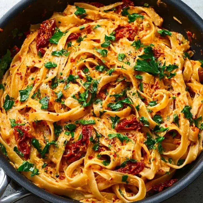 Creamy vegan sun-dried tomato pasta served in a bowl garnished with herbs