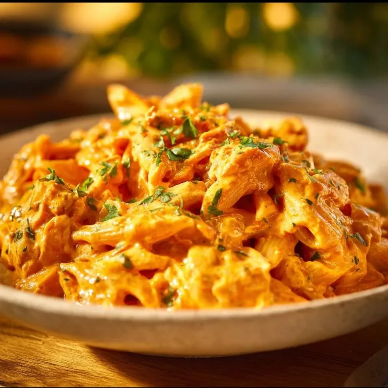 Crock Pot Buffalo Chicken Pasta served in a bowl with garnishes