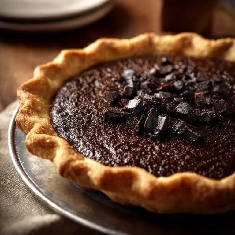 Delicious dark chocolate chess pie served on a rustic wooden table.