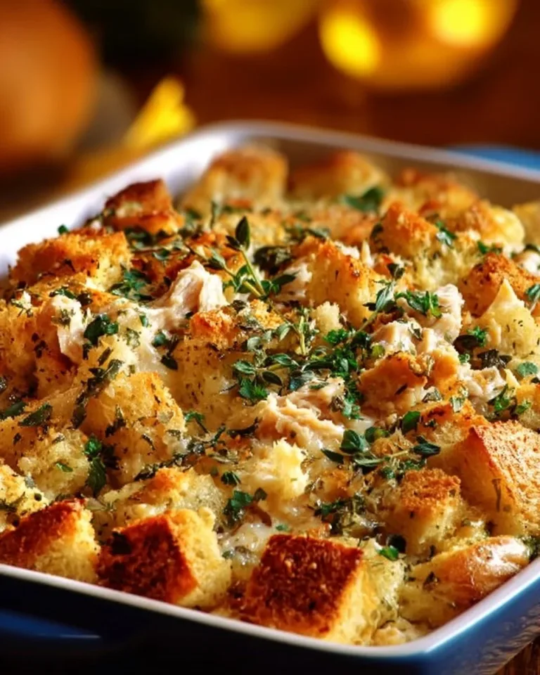 Dolly's Chicken and Stuffing Casserole dish ready to serve