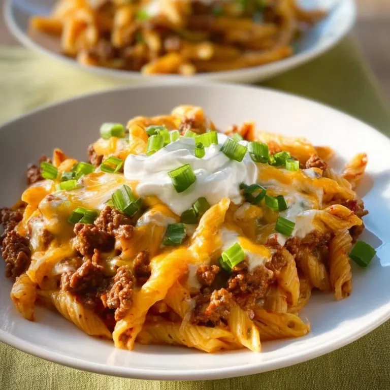 Delicious beef enchilada pasta dish served with cheese and cilantro