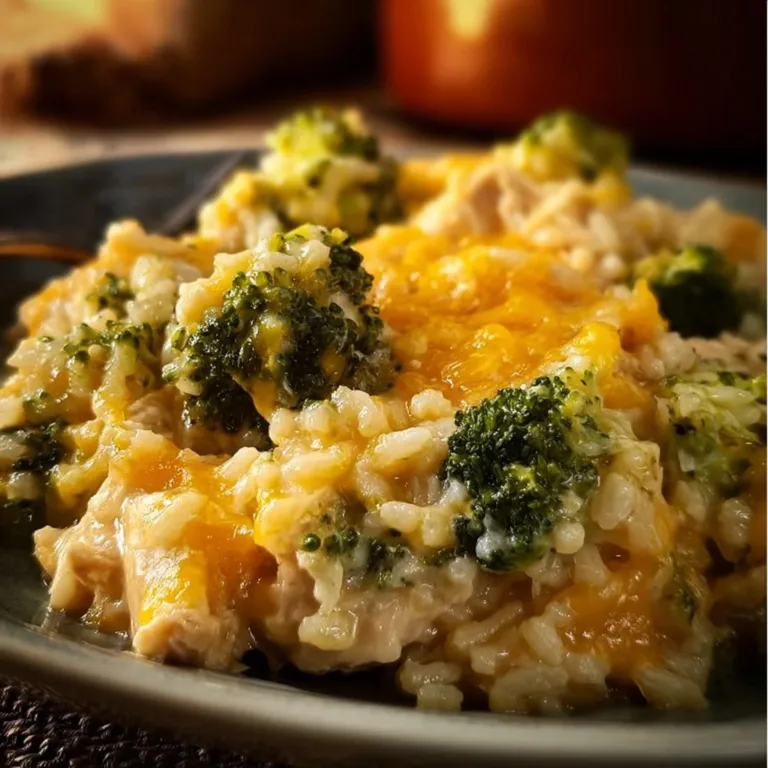 Delicious bowl of crockpot cheesy chicken with broccoli and rice