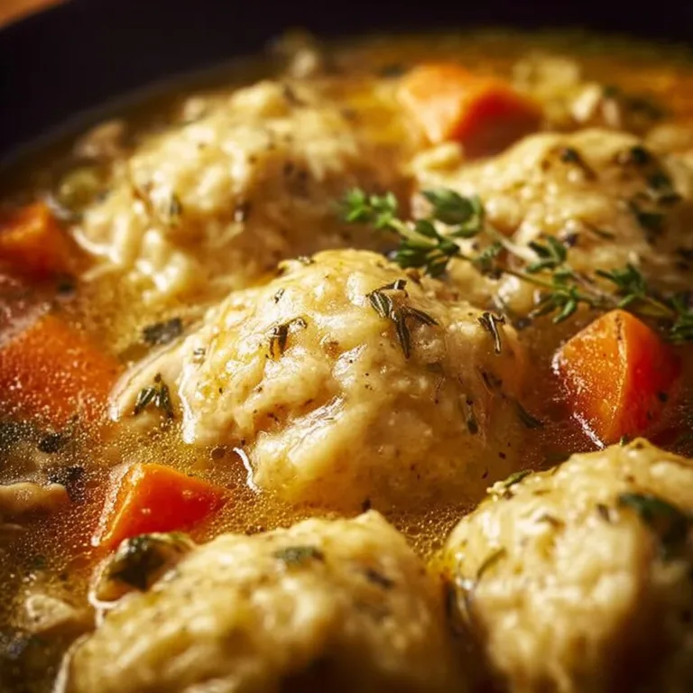 Bowl of easy Crockpot chicken and dumplings with herbs and vegetables