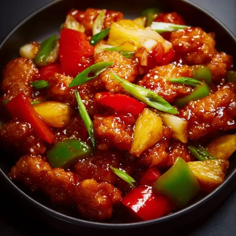 A plate of easy sweet and sour chicken with colorful veggies and rice.