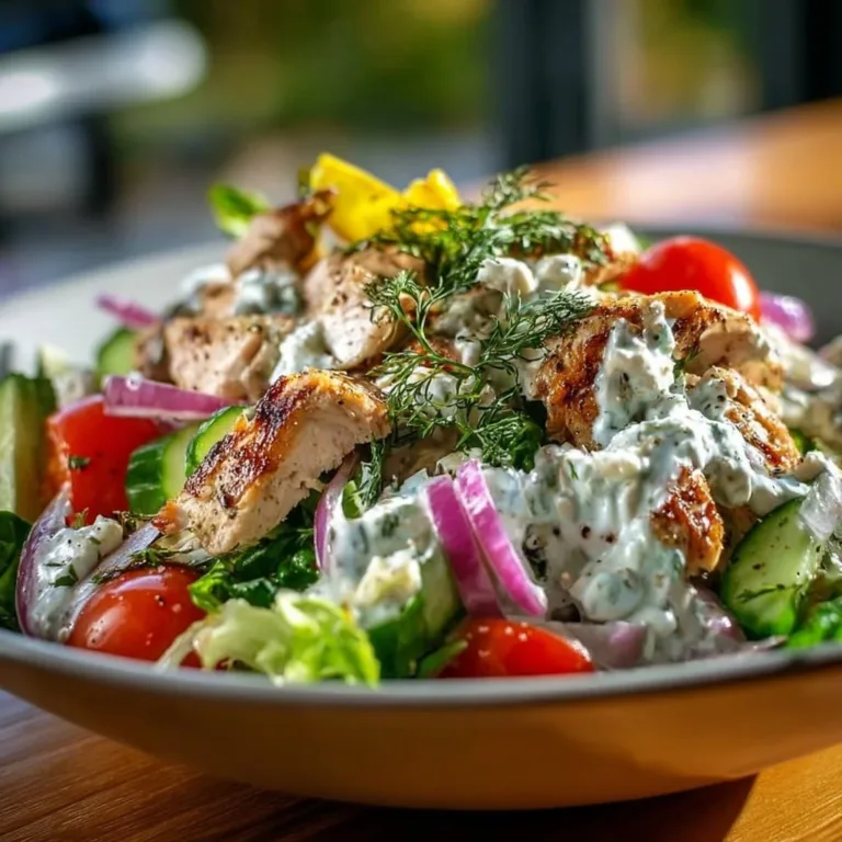 Delicious Greek Chicken Salad with fresh veggies and grilled chicken