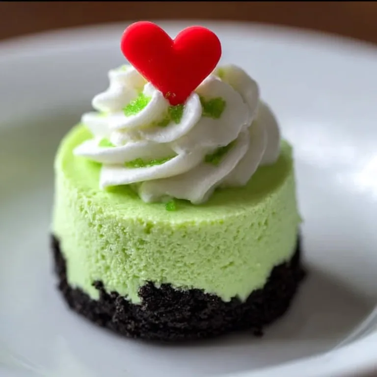 Festive Grinch mini cheesecakes topped with green and red decorations.