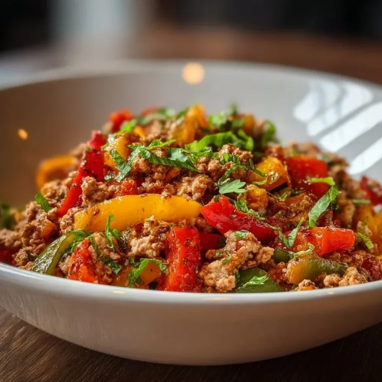 A colorful plate of ground turkey and peppers dish garnished with herbs