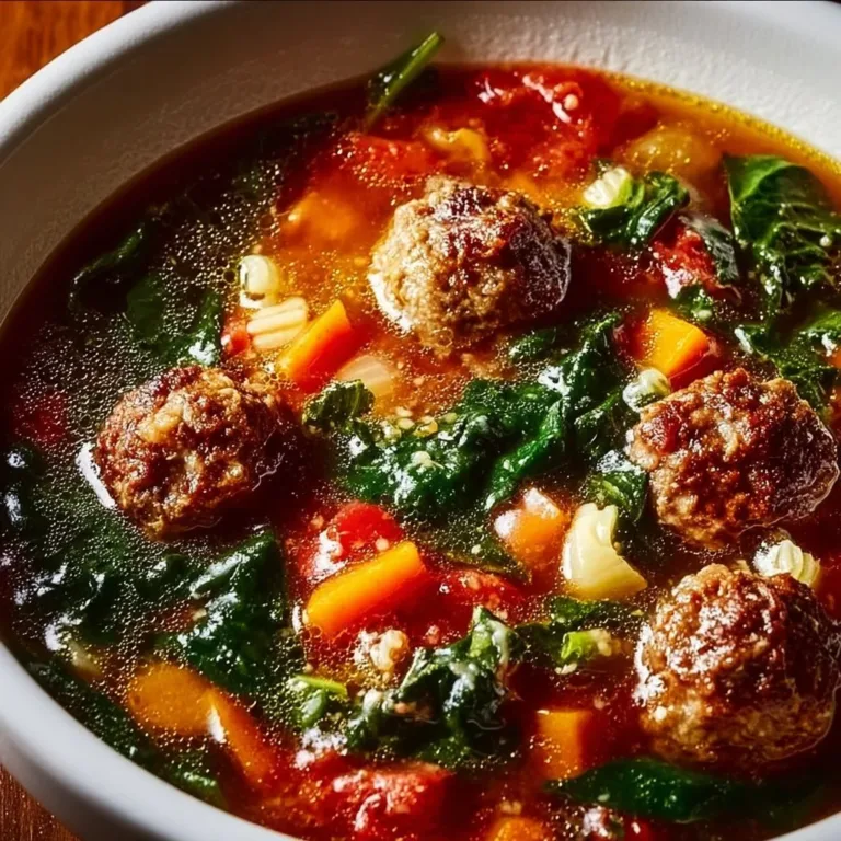 Delicious bowl of hearty Italian meatball soup topped with parsley.