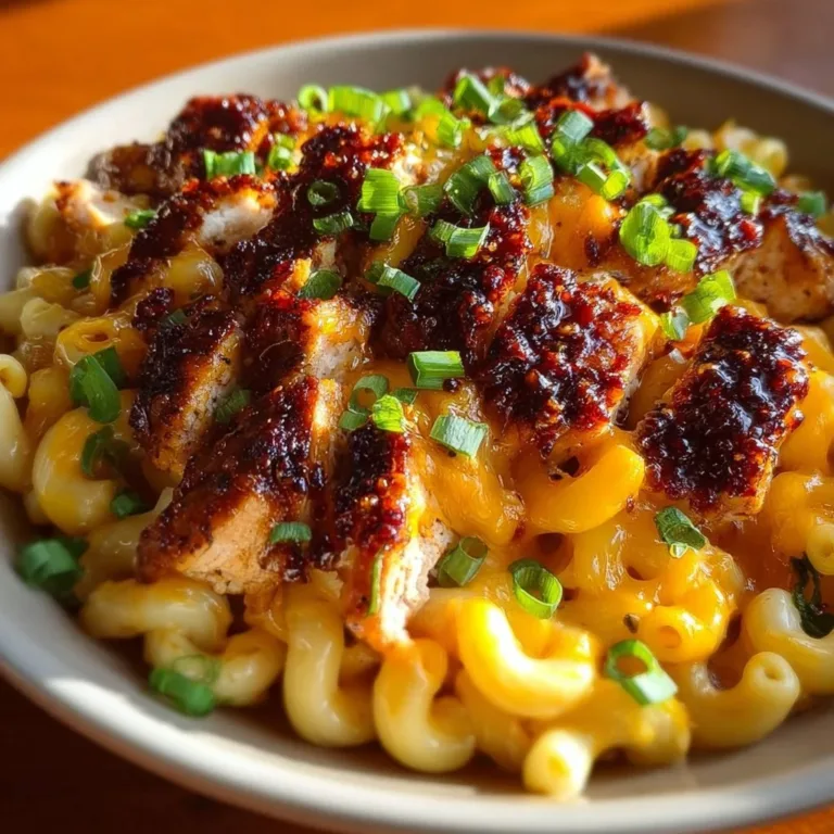 High Protein Honey BBQ Chicken Mac and Cheese with BBQ sauce and melted cheese