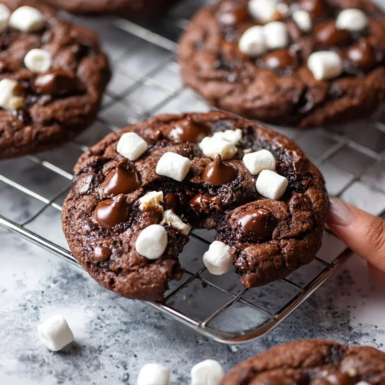 Freshly baked hot chocolate cookies on a wooden table.