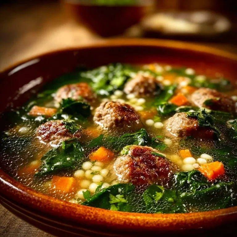 A bowl of Italian Wedding Soup with meatballs and greens.