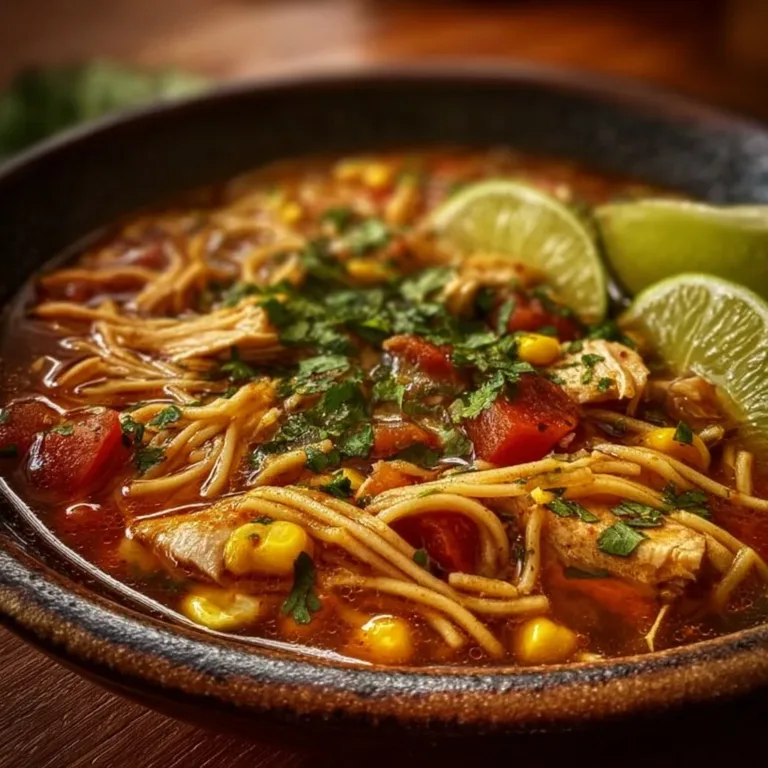 Bowl of Mexican noodle soup with fresh vegetables and spices