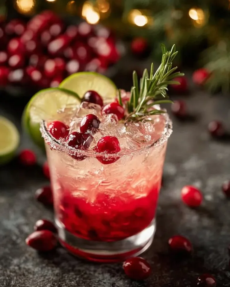 A beautifully garnished Mistletoe Margarita cocktail served in a glass.